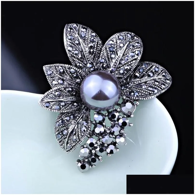 pins, brooches farlena jewelry imitated gray pearl crystal flower sweater pins and vintage black rhinestone brooch for women