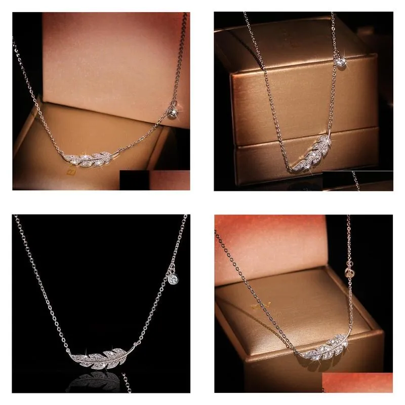 ins top sell feather pendant simple fashion jewelry 925 sterling silver pave white sapphire cz diamond gemstones party women wedding clavicle necklace