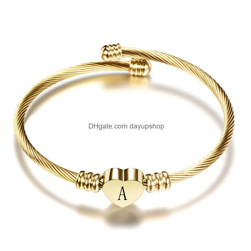 fashion girls gold color stainless steel heart bangle with letter fashion initial alphabet charms bracelets for women 11411049653