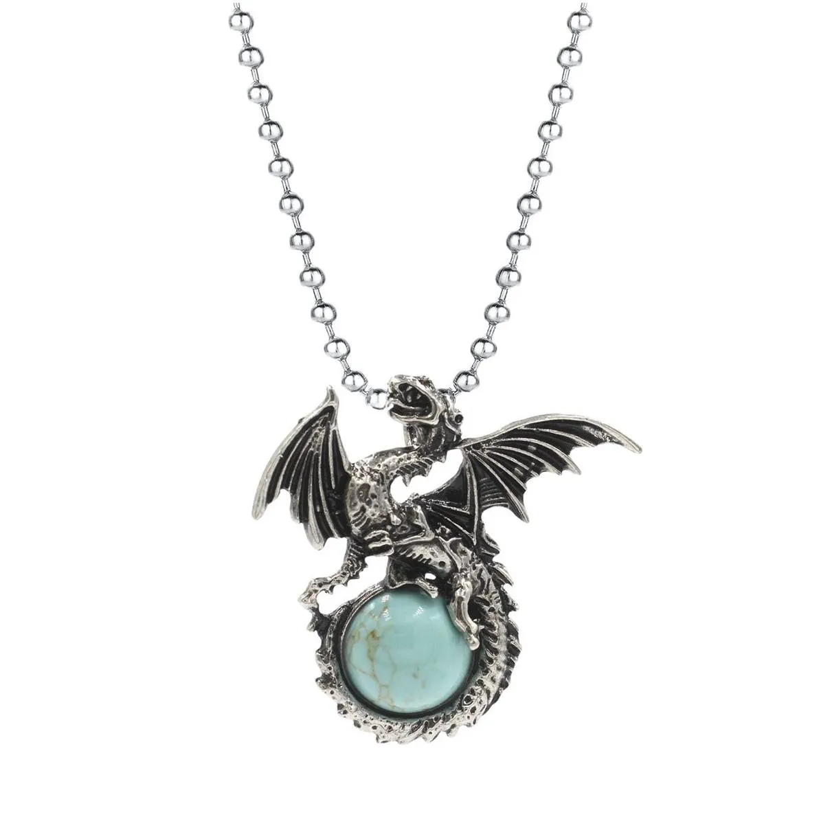 Vintage Fly Dragon Necklaces Stainless Steel Beaded Chain Natural Stone Crystal Pendant Necklace For Men Punk Jewelry