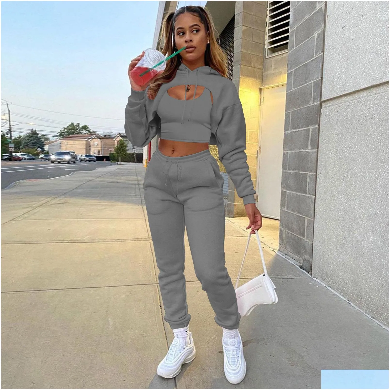 Women`s Two Piece Pants 3 Set Women Tracksuit Winter Fleece Hollow Out Hoodies Sweatshirt Cotton Vest Jogging Suit Classy Outfits