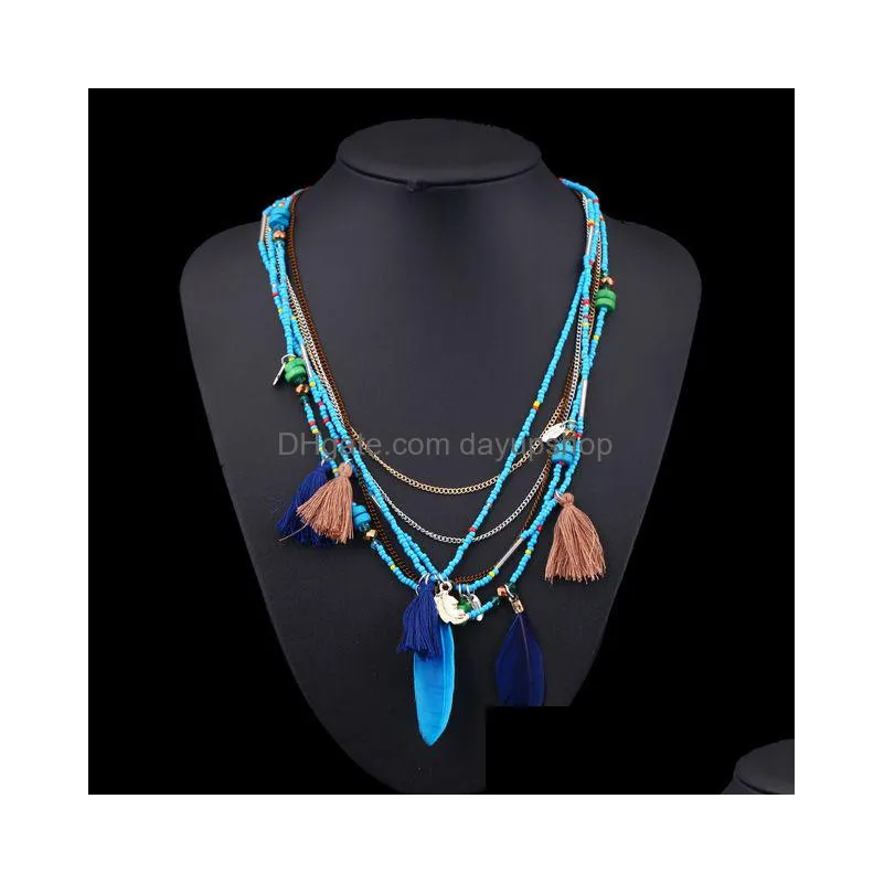 2019 fashion boho multilayer woven long tassel statement necklace pendants ethnic collar choker necklace women jewel4036390