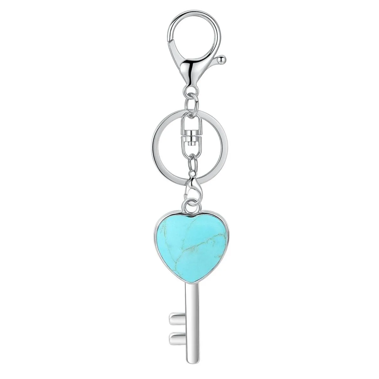 Women Key Shape Pendant KeyChain for Bag Car Natural Love Heart Gemstone Lucy Lock Crystal Men Healing Chakra Cute Keyring