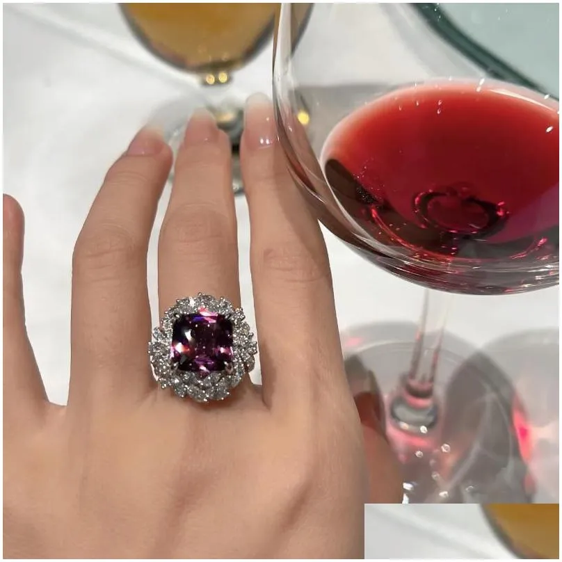 wedding rings flower super flash luxury purple bright zirconia jewelry lady ring prom valentine`s day anniversary gift d840