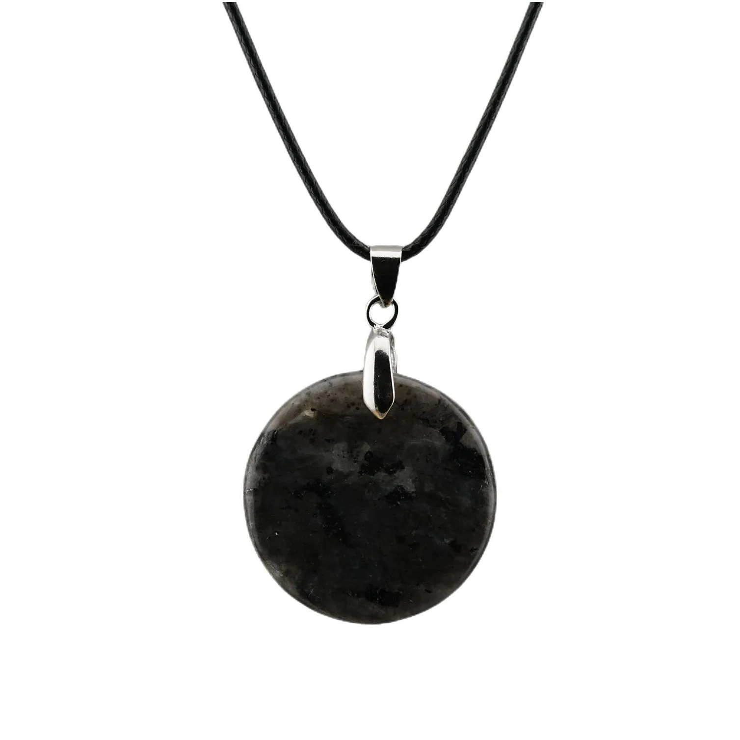 Natural Gemstone Donut Pendant Necklace Black Cord Flat Circle Round Beads Crystal Healing Chakra Jewelry