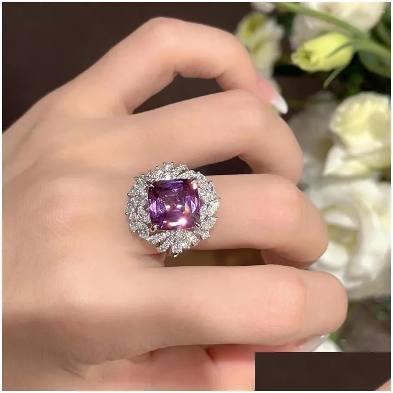 wedding rings flower super flash luxury purple bright zirconia jewelry lady ring prom valentine`s day anniversary gift d840