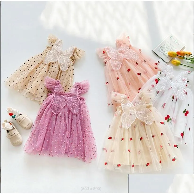 cute girls clothing dresses sleeveless summer back with butterfly dress 100% cotton girl kids elegant 5 colors