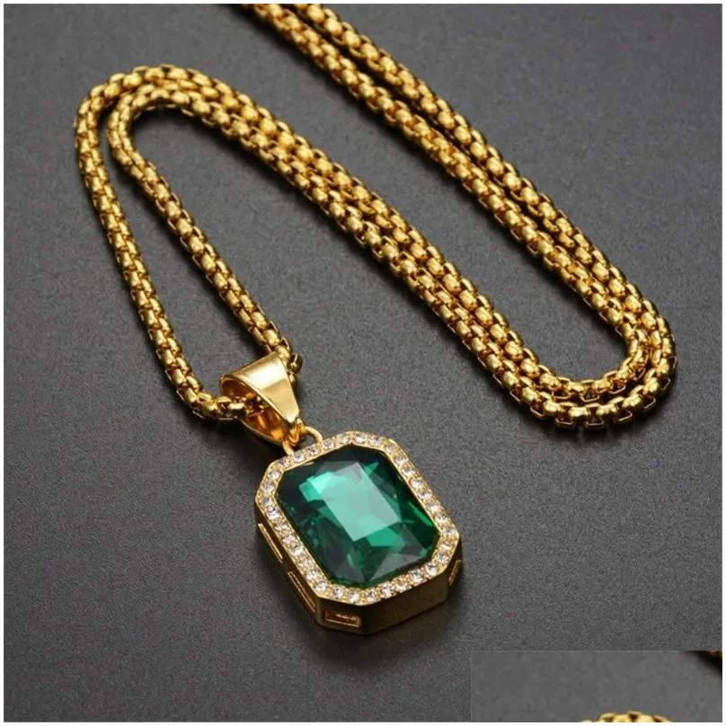 pendant necklaces hip hop iced out square male gold color stainless steel chains for men cz bling jewelry droppendant elle22