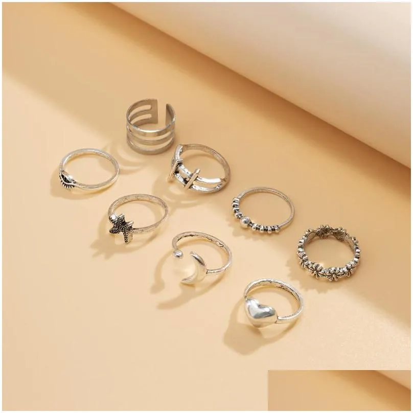 cluster rings 8pcs/set ocean vacation set starfish cool beach style for women hollow meniscus ring vintage flower female gift