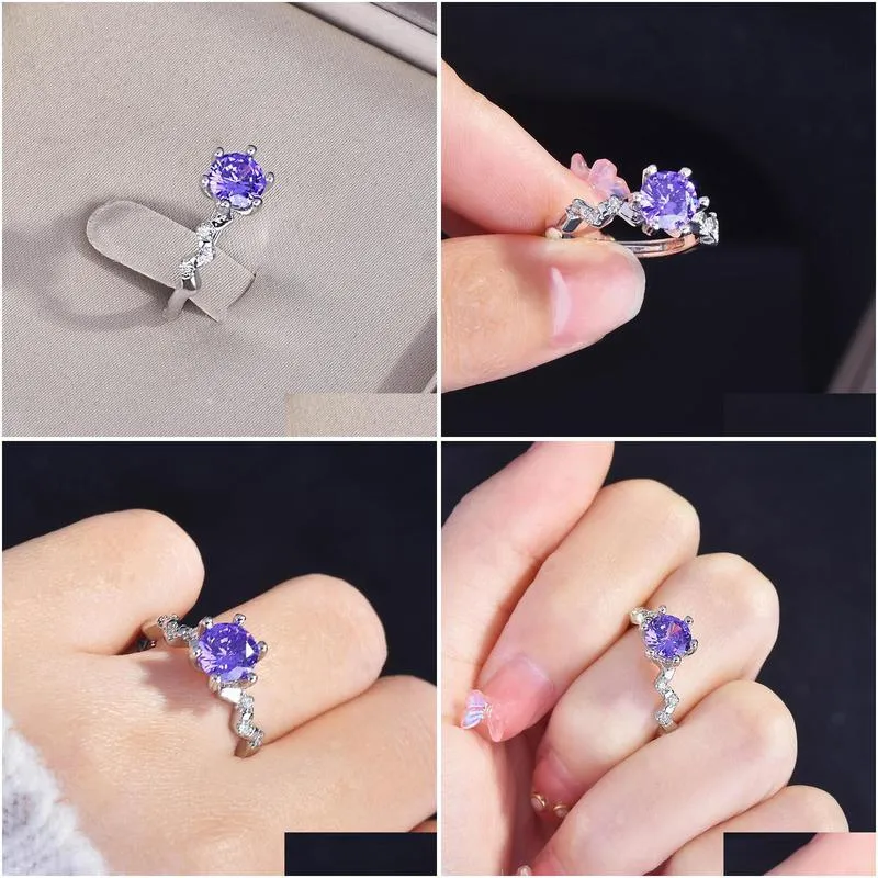 wedding rings classic silver plated hearts and arrows purple crystal open for women shine cz stone inlay fashion jewelry band