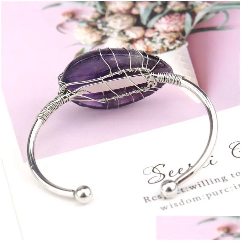 Natural Water drop Gemstone Cuff Bracelet for Women Girls Handmade Silver Wire Woven Lift of tree Healing Chakra Crystal Friendship Bangle Charms