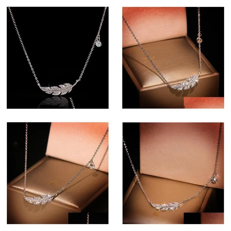 ins top sell feather pendant simple fashion jewelry 925 sterling silver pave white sapphire cz diamond gemstones party women wedding clavicle necklace