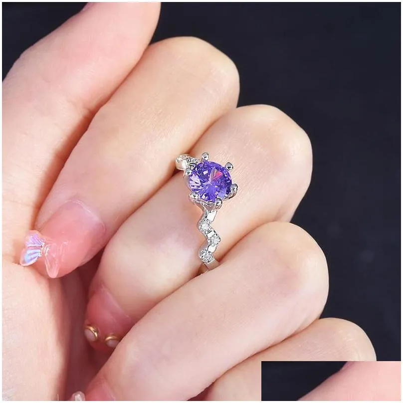 wedding rings classic silver plated hearts and arrows purple crystal open for women shine cz stone inlay fashion jewelry band