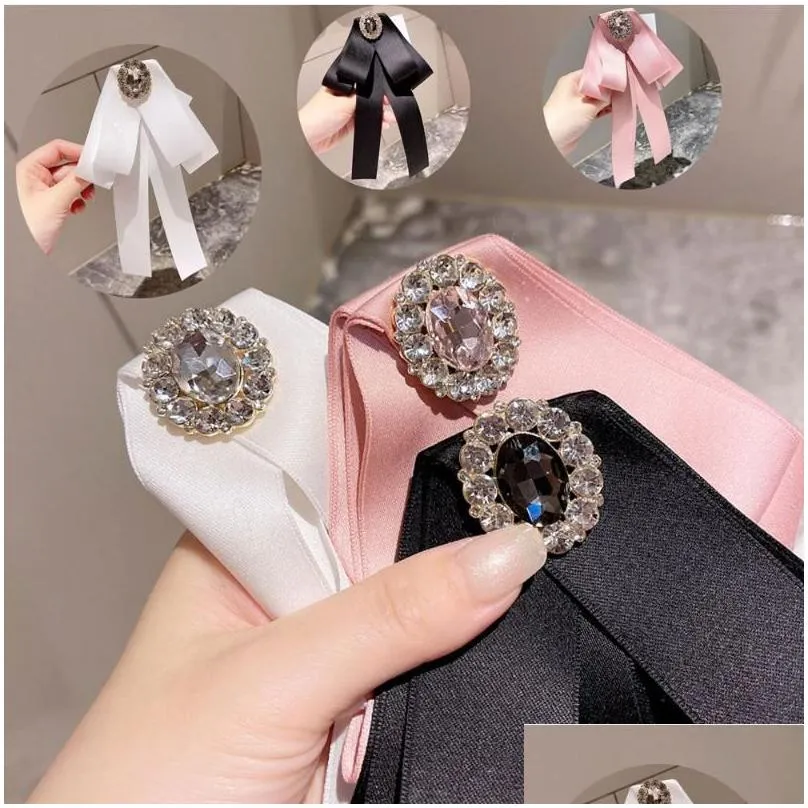 pins, brooches korean ribbon bow tie for women crystal collar shirt dress brooch necktie ladies fashion jewelry clothing accessories