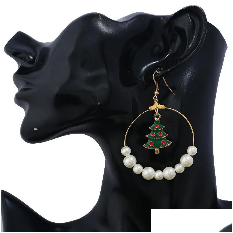 Wholesale Dangle Pearl Gold Enamel Drop Earrings Holiday Elk Cane Santa Clause Christmas Fashion Earrings