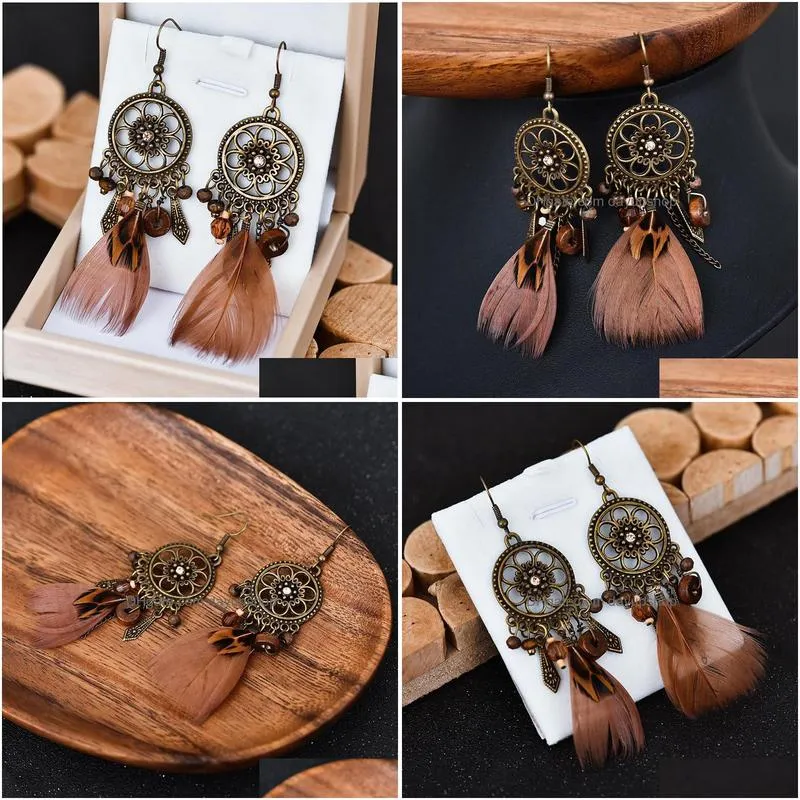 dangle & chandelier vintage feather earrings statement round hollow flower wood beads bohemian ethnic tassel earringsdangle