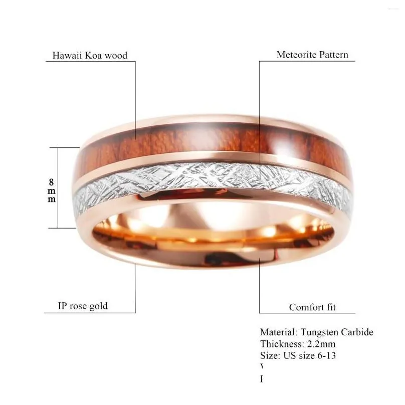 cluster rings meteorite and koa wood double inlay rose gold tungsten ring 8mm comfort fit wedding band men women`s anniversary
