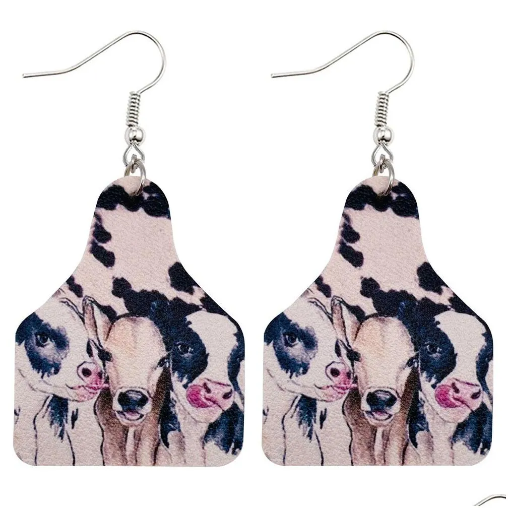 newest cow double-sided print pu leather earrings trendy wild west  texas style drop dangle earrings jewelry cow tag