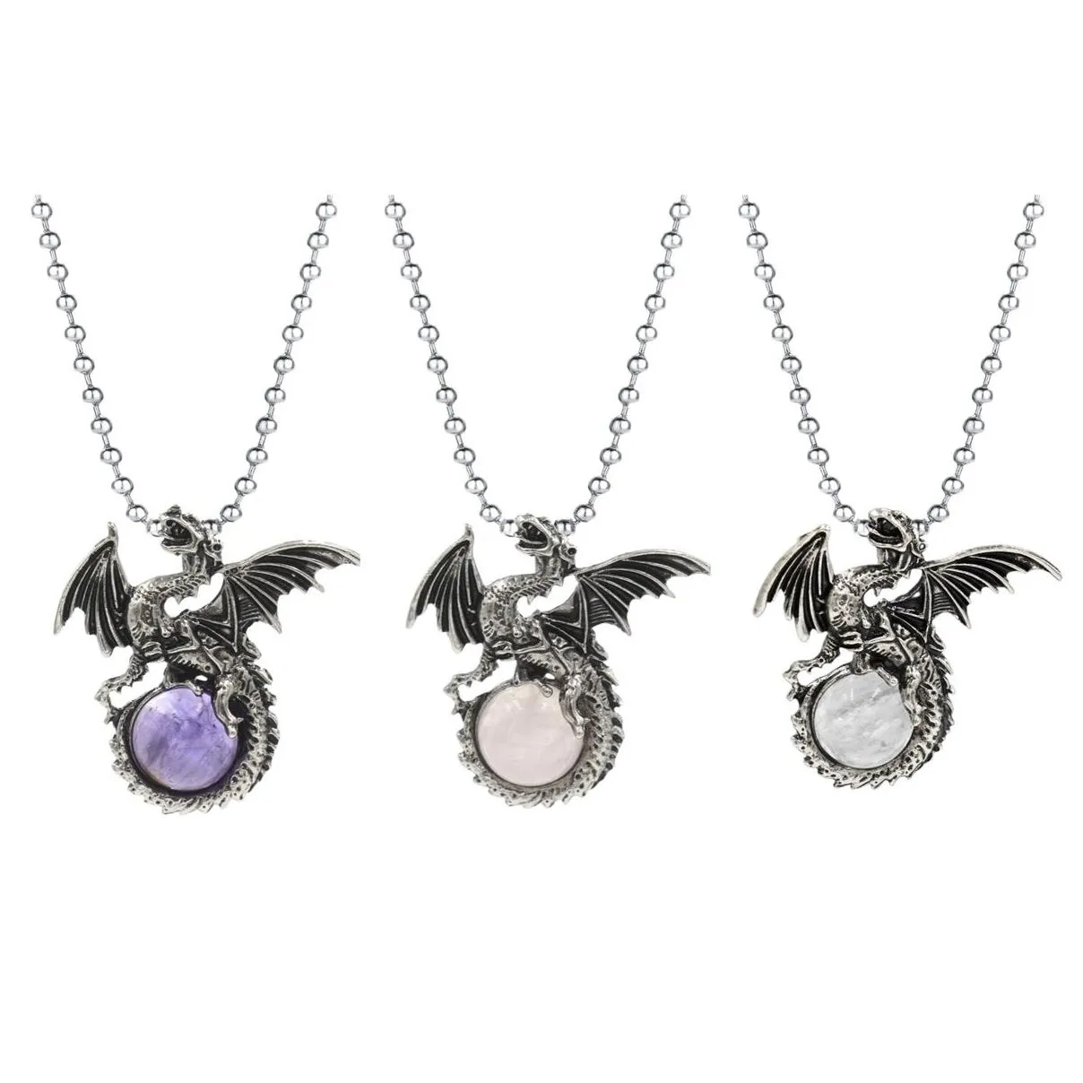 Vintage Fly Dragon Necklaces Stainless Steel Beaded Chain Natural Stone Crystal Pendant Necklace For Men Punk Jewelry