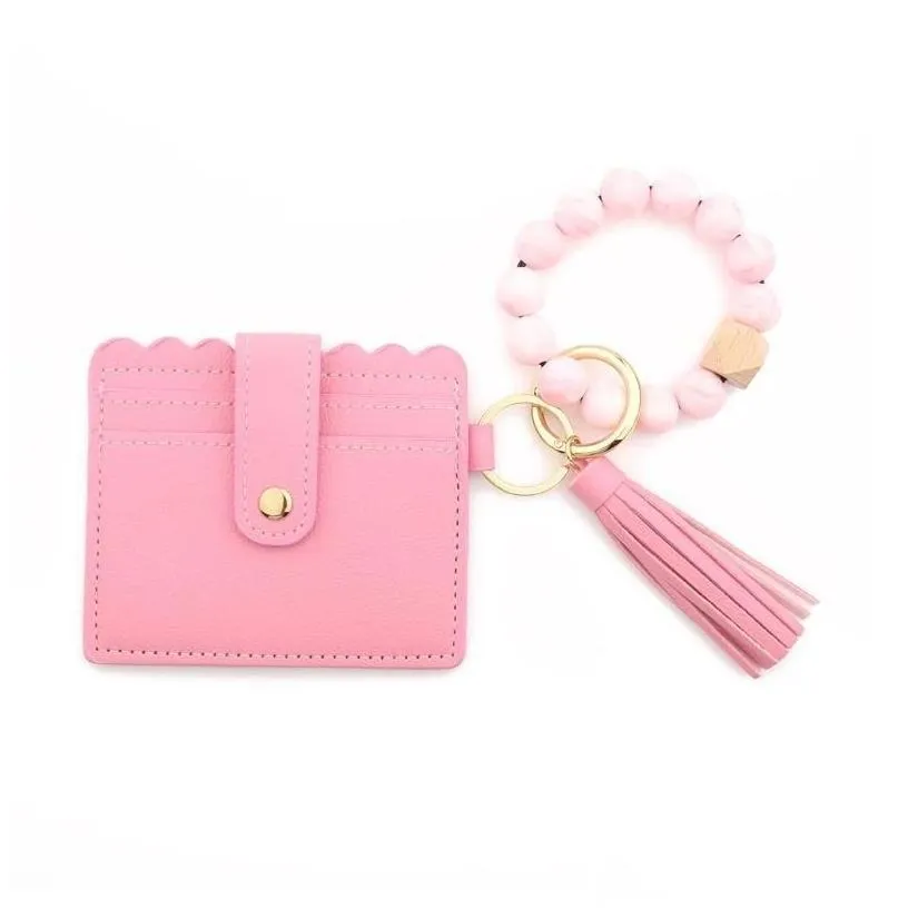 party favor pu leather bracelet wallet keychain tassels bangle key ring holder card bag sile beaded wristlet keychains handbag women