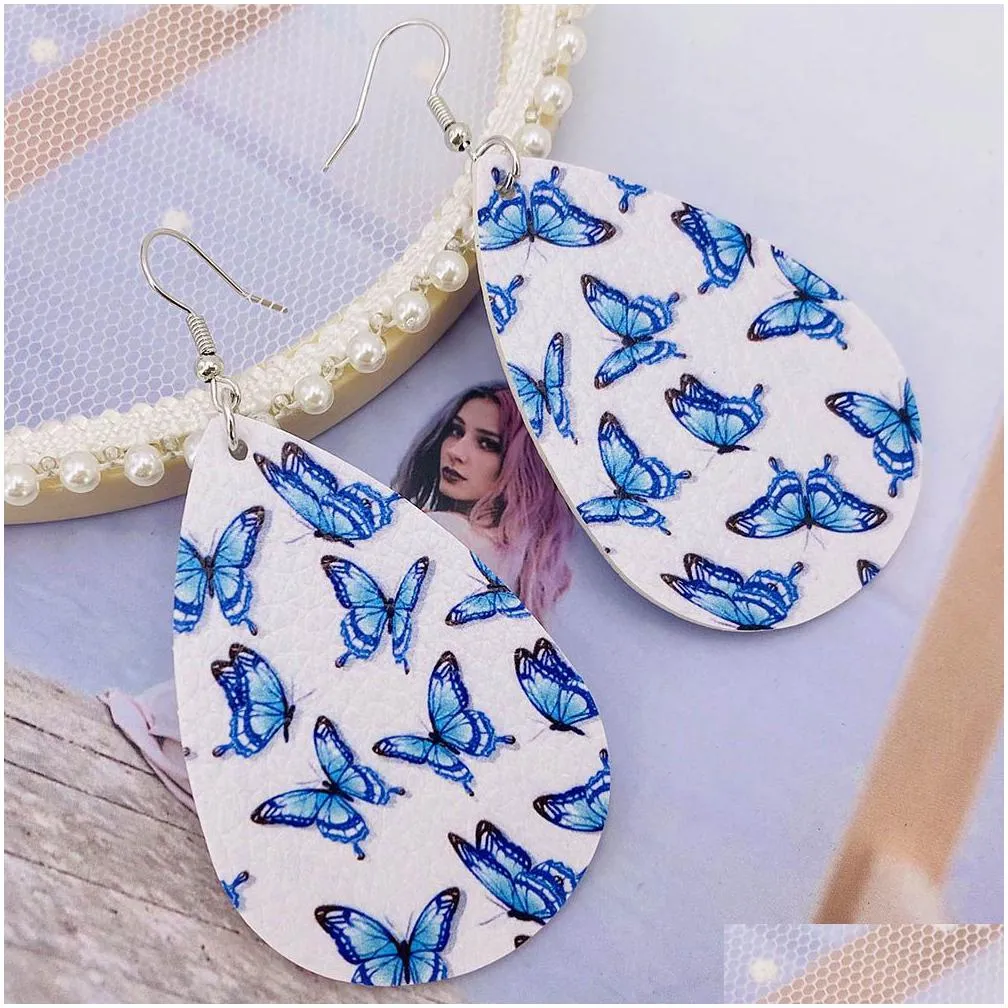 1pair butterfly print pu faux leather dangle earrings boho style teardrop drop pendientes earrings for women jewelry