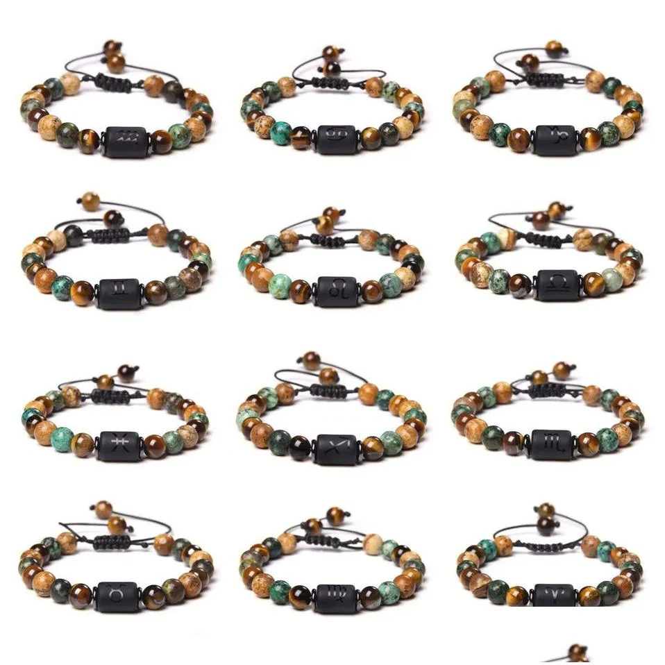 Fashion Jewelry Natural Stone Tiger Eye African Turquoise Beads Bracelet Twelve Zodiac Bracelet Set Chakras Men Women Gift
