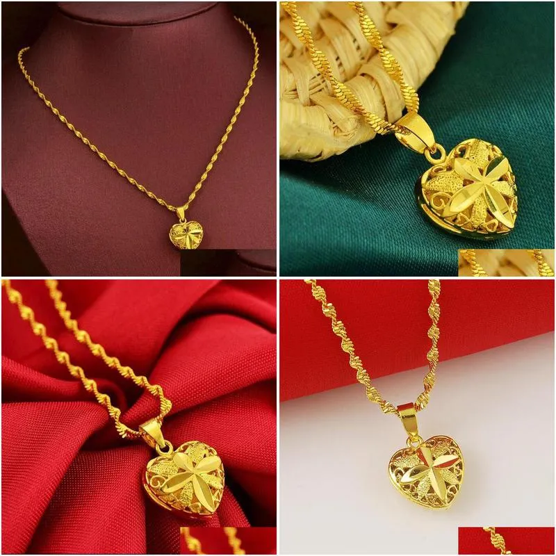 pendant necklaces pure gold color chain for women real 24k gp women`s fashion jewelry heart choker necklace wedding gift