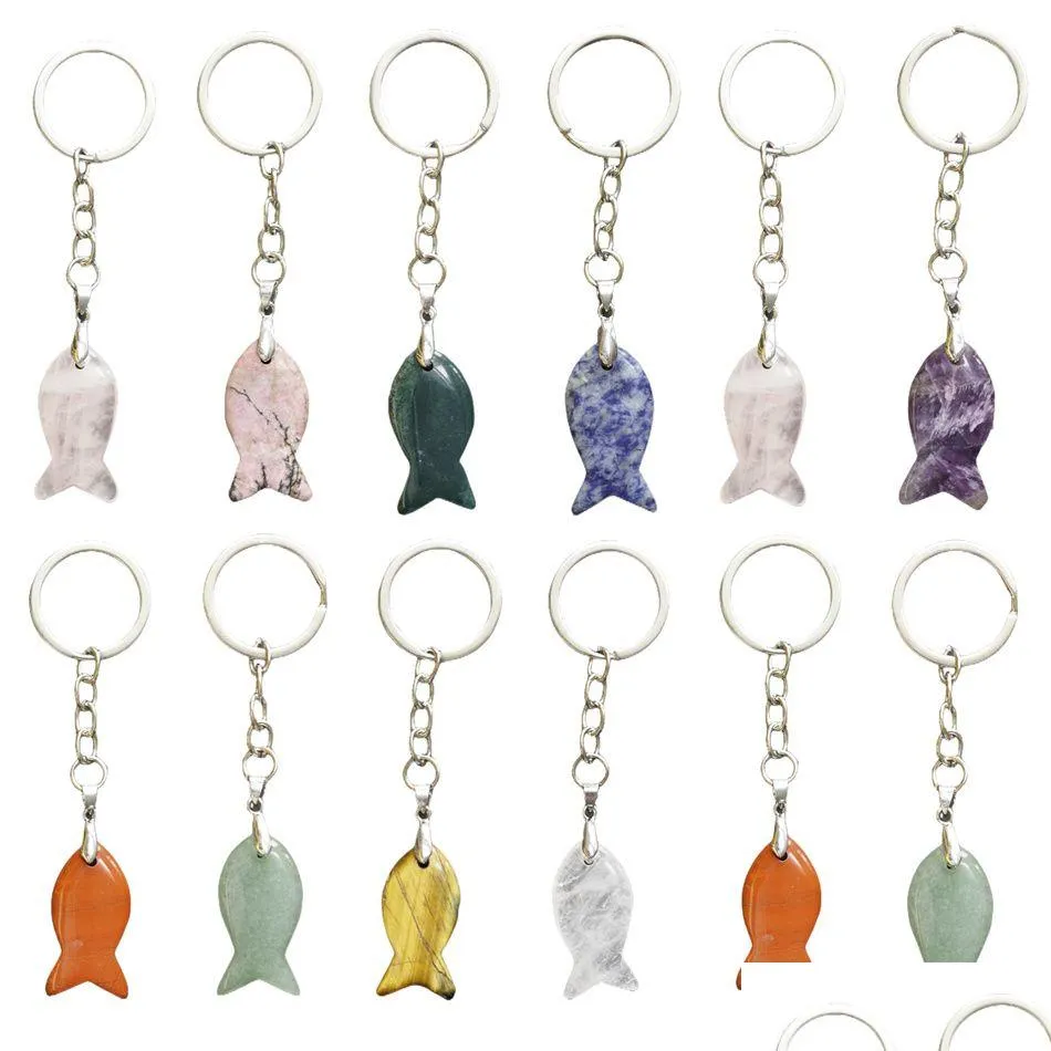 Natural Healing Crystal Gemstone Keychain Fashion Charm Fish Shaped Gemstone Bag Key Accessories for Gifts