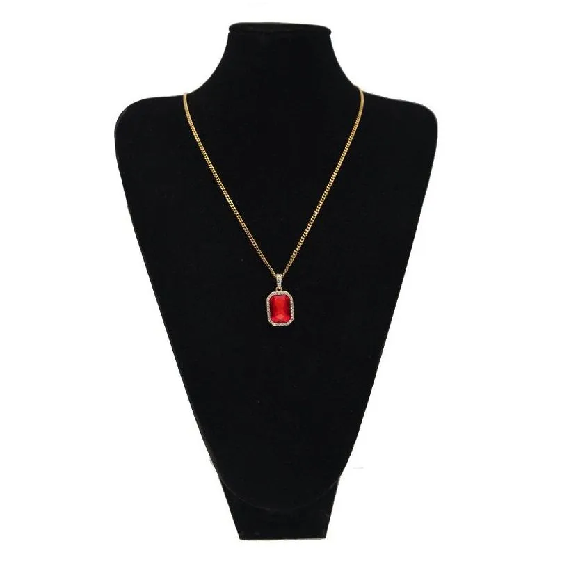 Mens Mini Ruby Pendant Necklace Gold Cuban Link Chain Fashion Hip Hop Necklaces Jewelry for Men