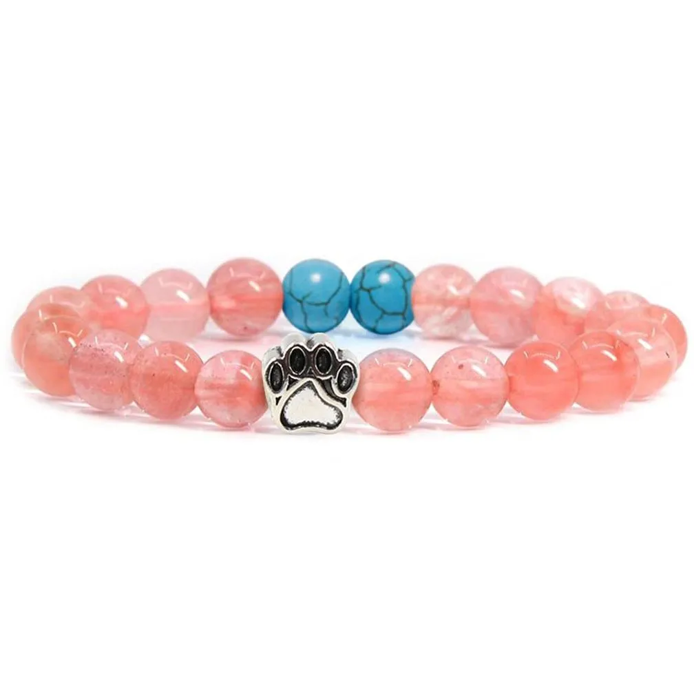 Natural 8MM Healing Gemstone Beaded Bracelet Amthyst Crystal Alloy Cat Footprint Elastic Bracelet For Women Jewelry