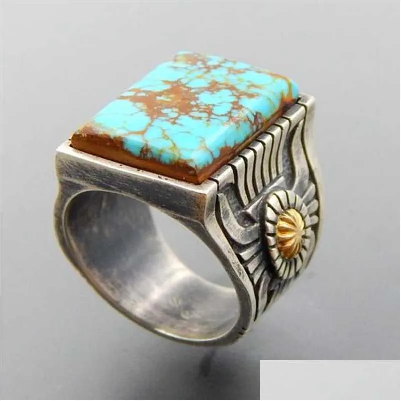 wedding rings vintage silver color metal bohemia sunflower ring turquoises blue stone flower finger for women anel party jewelry gifts