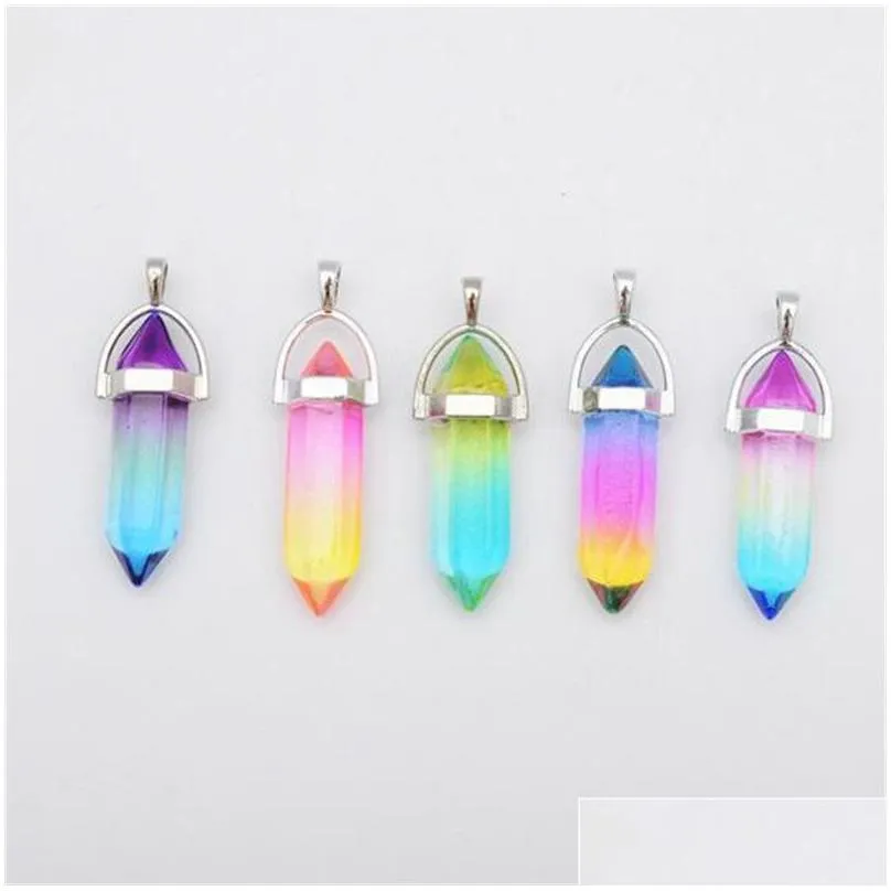 Colorful Glass Hexagon prism Charms Rainbow pendant for Necklace jewelry making women men Wholesale MKI