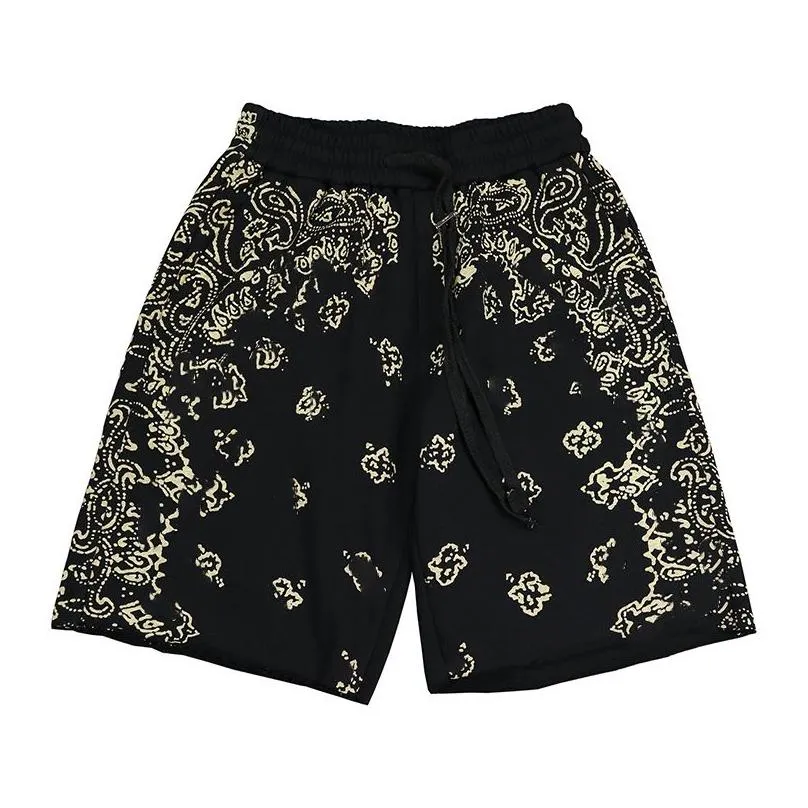 high street men amiryes dark cashew flower print cotton loose drawstring vintage sport shorts