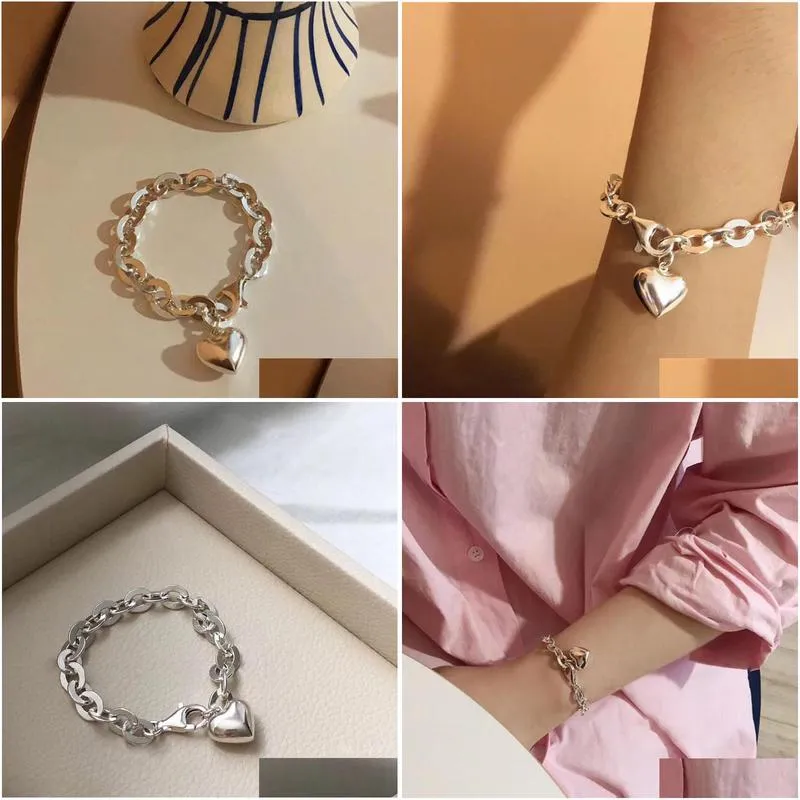 silver thick chain bracelet summer new trend punk vintage charm sweet love heart tassel party jewelry gifts