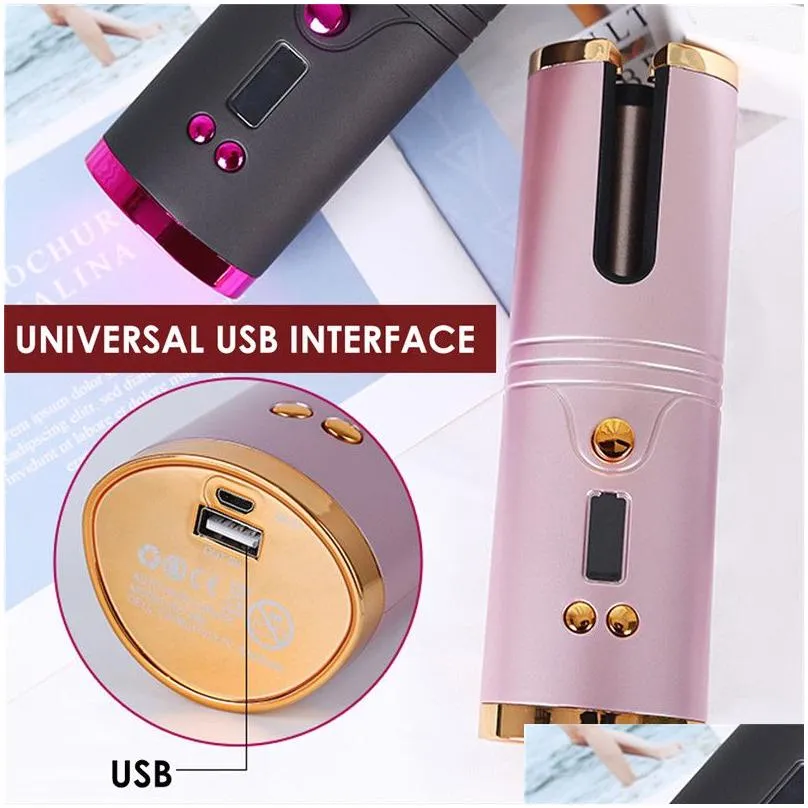 Wireless Automatic Hair Curler Portable USB Rechargeable Rotating Curling Iron Women Girl LCD Display Curly Machine Styling Tool