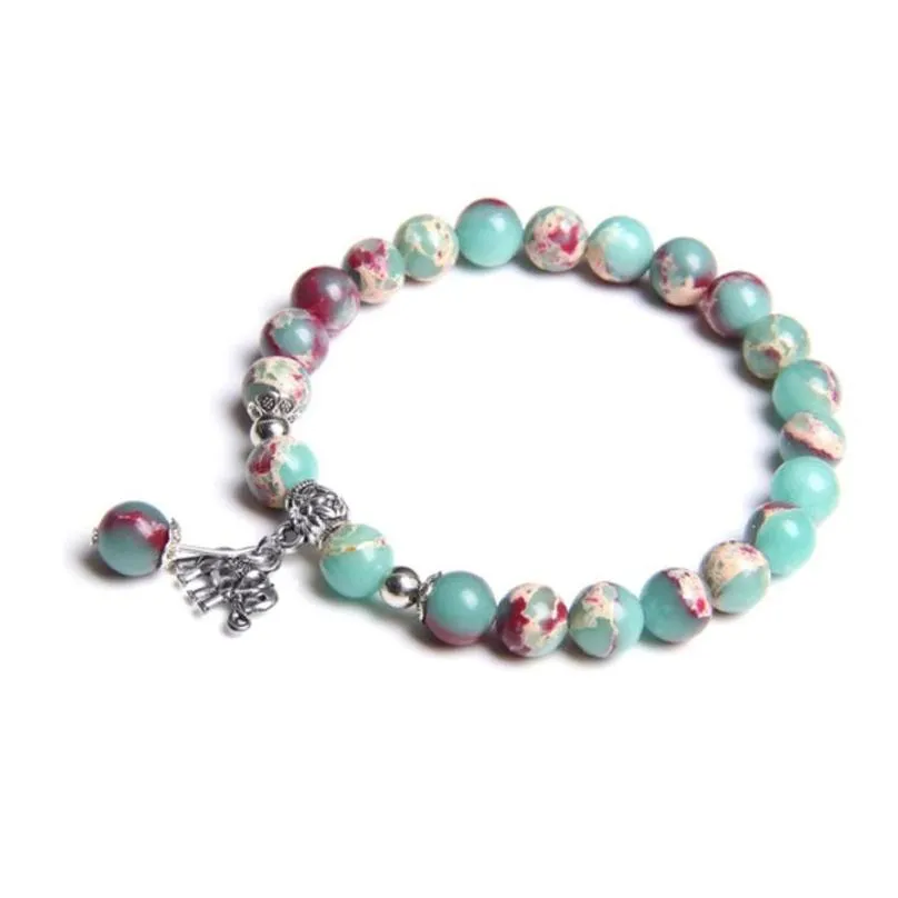 Women Gemstones Beaded Bracelets with Charms Elephant Strand Healing Crystal Gorgeous Stretch Semi-Precious Stone 8MM Beads Bangle