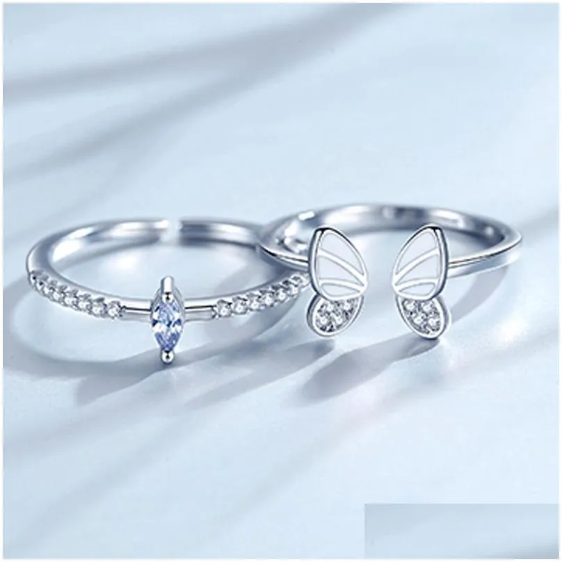 silver korean white three-dimensional butterfly zircon double ring set unique design insect combination