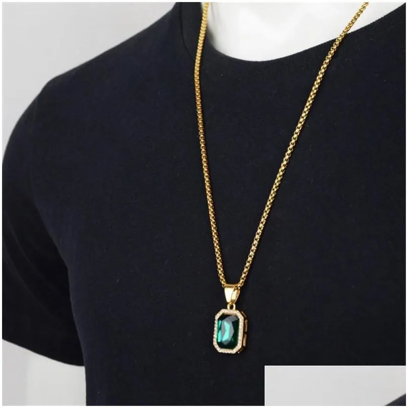 pendant necklaces hip hop iced out square male gold color stainless steel chains for men cz bling jewelry droppendant elle22