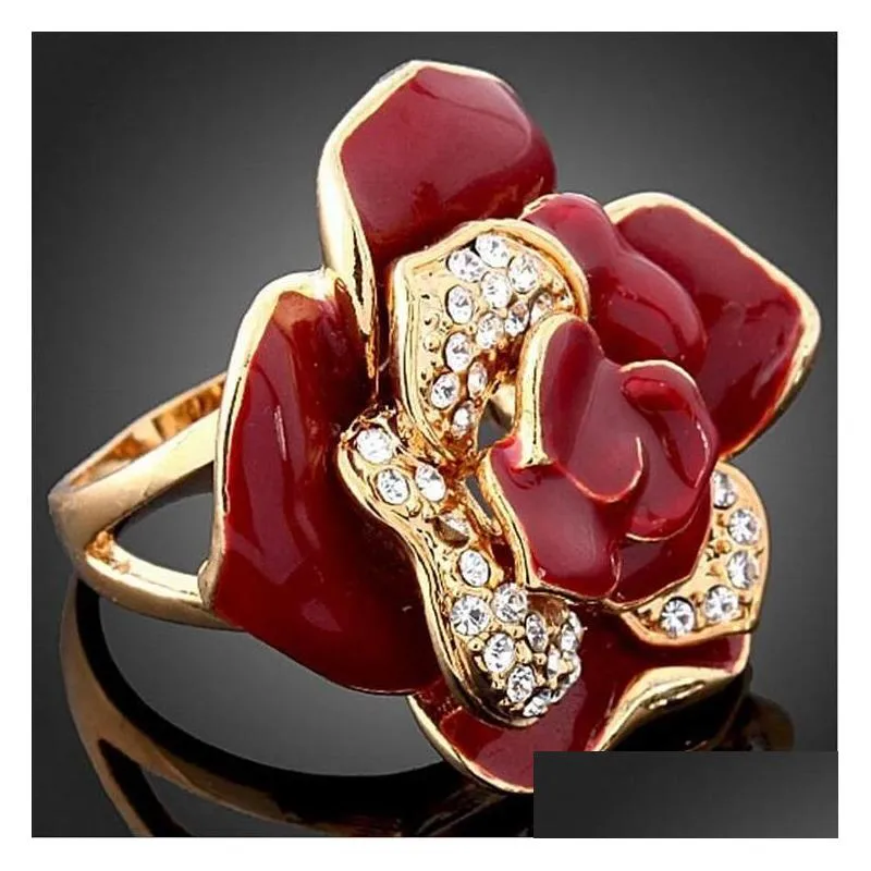 wedding rings vintage retro style crystal rhinestone big flower finger ring for women gold color enamel party jewelry