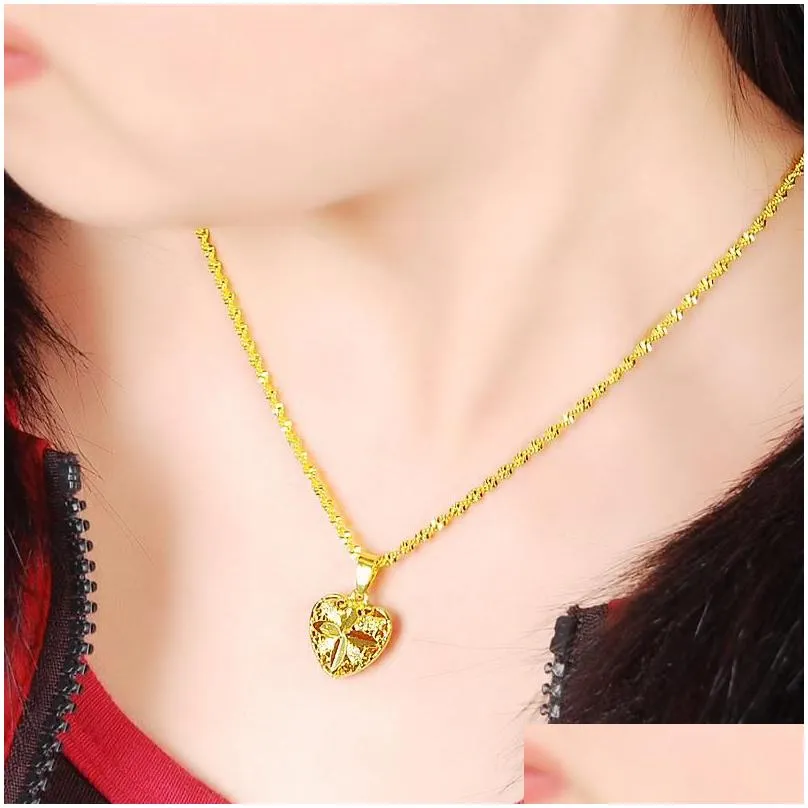 pendant necklaces pure gold color chain for women real 24k gp women`s fashion jewelry heart choker necklace wedding gift