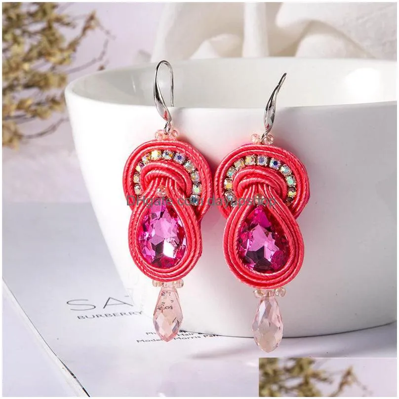 dangle & chandelier ethnic boho soutache hook earrings handemade weaving crystal decor women`s earring red pink blue black white cute