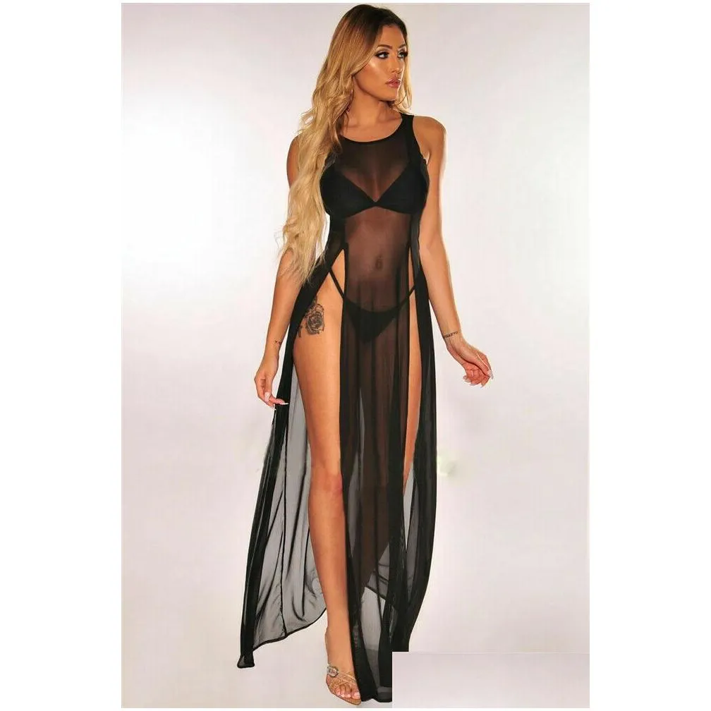 Women`s Bikini Swimsuit Cover up Sundress Beach Wear Mesh Sheer Long Dress Summer Bathing Suit Holiday Sarong Pareo T200517