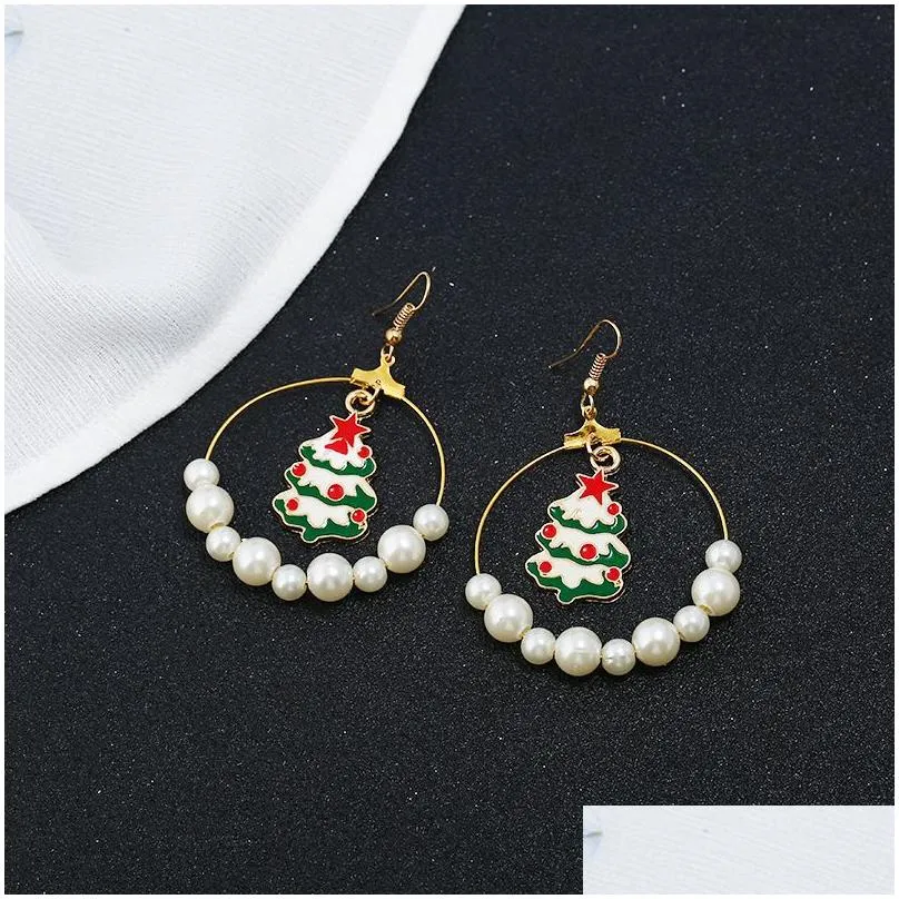 Wholesale Dangle Pearl Gold Enamel Drop Earrings Holiday Elk Cane Santa Clause Christmas Fashion Earrings