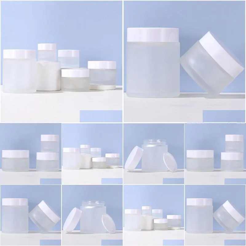 wholesale Frosted Glass Cream Jar Cosmetic Bottle Lotion Lip Balm Container with White Lid 5g 10g 15g 20g 30g 50g 100g