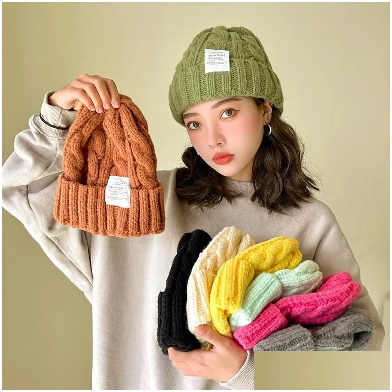 beanies beanie/skull caps fashion knitted simple autumn winter hats for women solid color woolen hat curling cloth label thickening warm