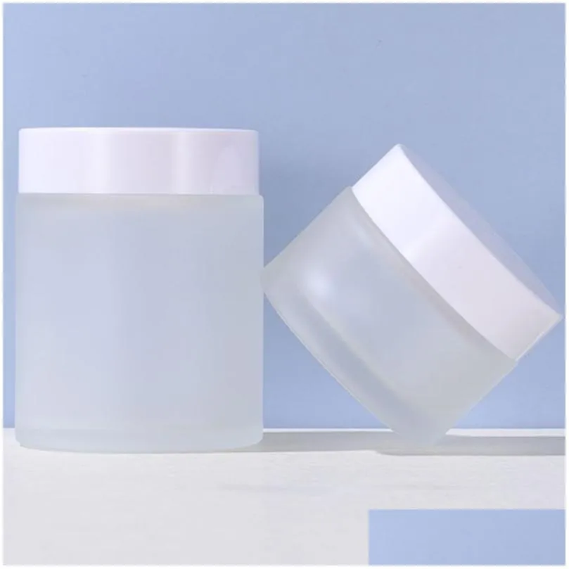 wholesale Frosted Glass Cream Jar Cosmetic Bottle Lotion Lip Balm Container with White Lid 5g 10g 15g 20g 30g 50g 100g