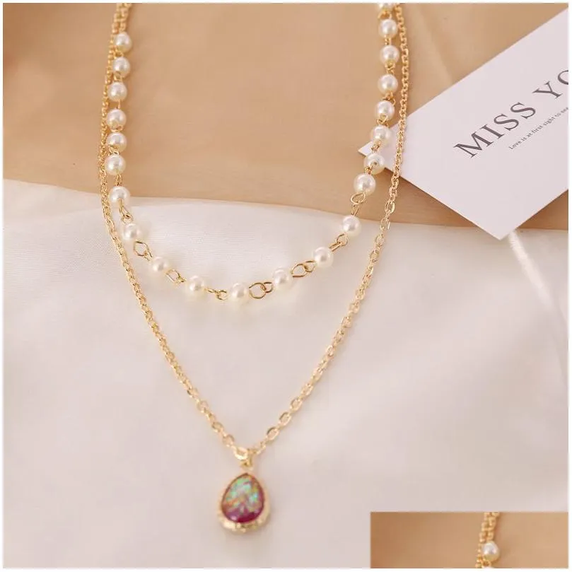 elegant imitation pearl water drop semi-precious stone pendant necklace women vintage geometric clavicle necklaces jewelry gift