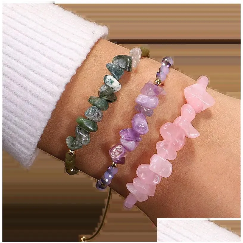 Fashion Jewelry Amethyst Rose Quartz Hand-woven Bracelet Color Irregular Broken Stone Bead Mixed Bracelet Adjustable