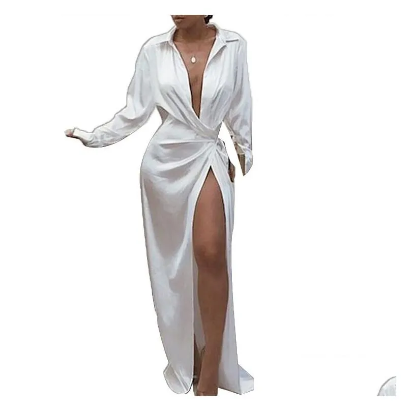 Casual Dresses Satin Silk Sexy Dress Long Sleeve Party Women Night Club Soft Autumn Solid Split Turn Down