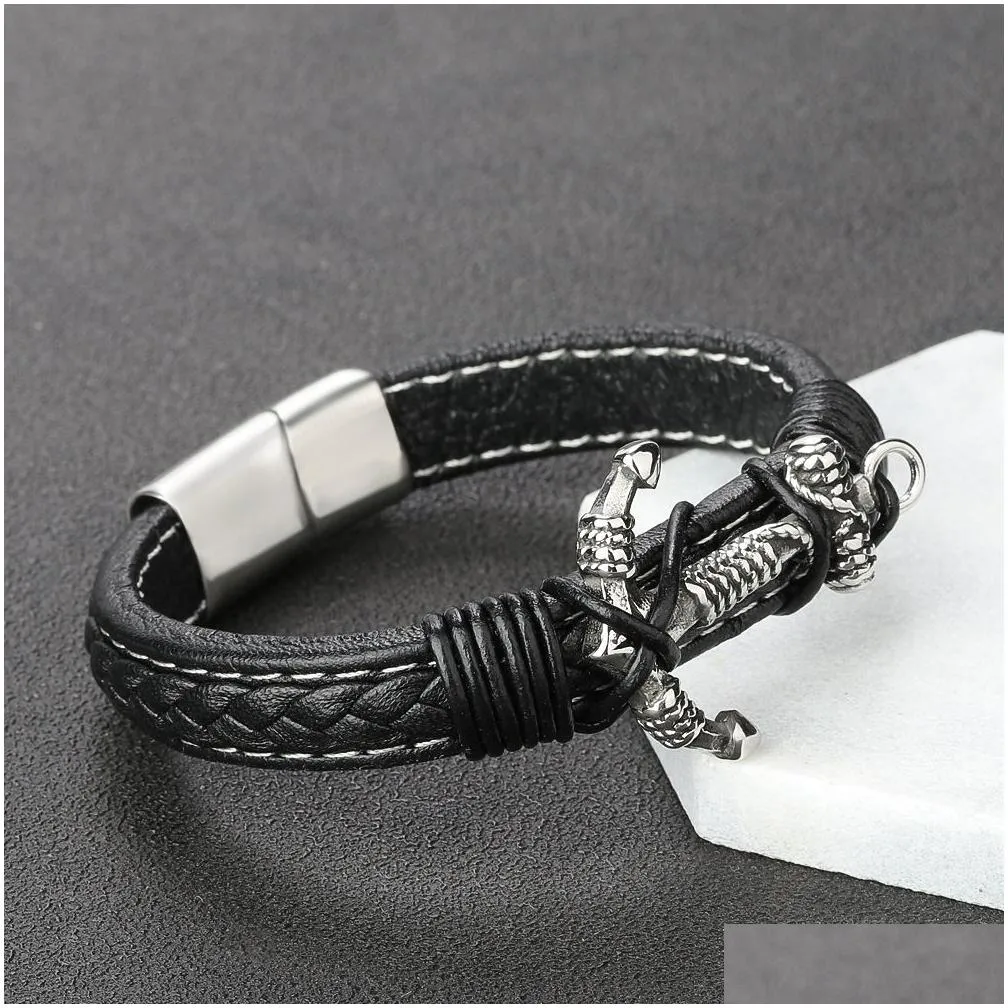 Men`s Vintage Anchor Leather Bracelet Link Multilayer Cuff Wrap Rope Wristband Black Cord Wrist Band Rope Bangle Jewelry Magnetic